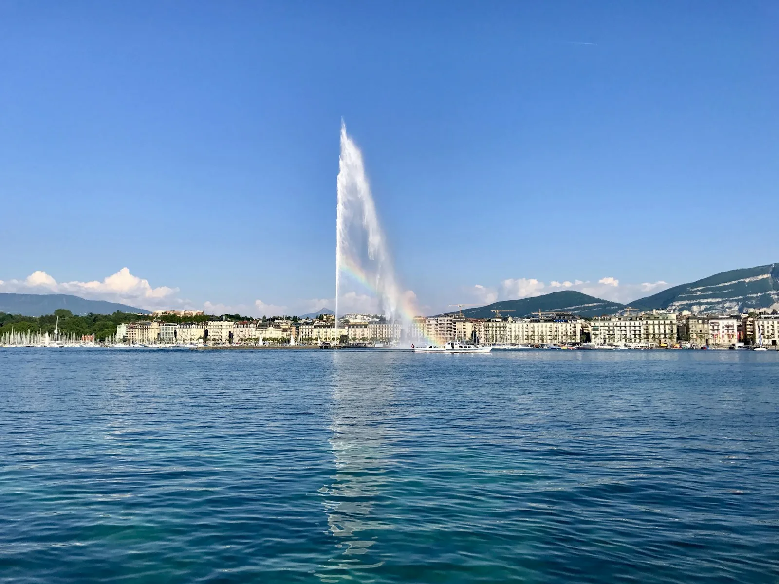 The Jet d’Eau on Lake Geneva, with the city behind it
